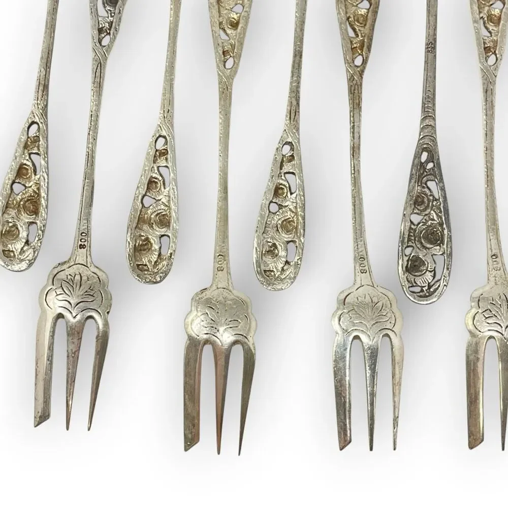Silver 800 835 Dessert Pastry Mini Forks Fork Lot of 12 Floral Ornate Rose 5.5”